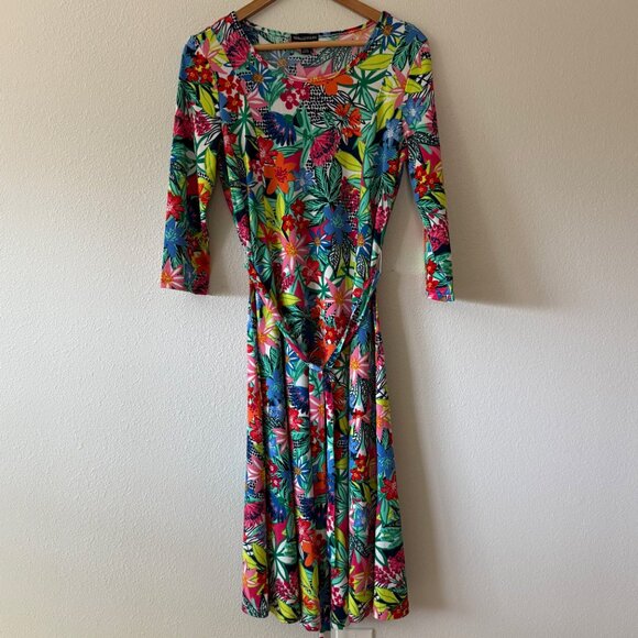 Nina‎ Leonard 3/4 Sleeve Tropical Floral Belted Midi Dress Size S - Picture 3 of 14